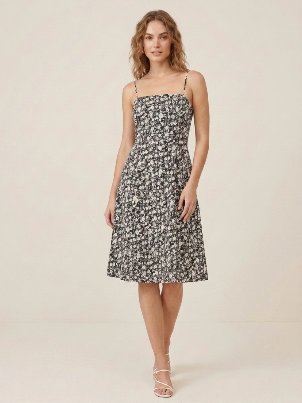Ann Taylor Black and White Floral Midi Dress with Square Neck